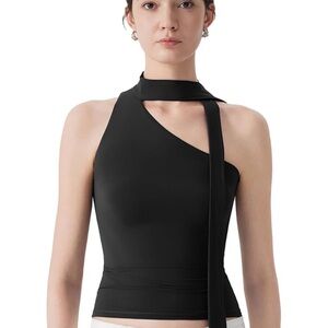 Black One-Shoulder Halter Mock Neck Top w/ Scarf Tie | Size M | NWOT…So Flirty!